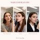 Three scenarios of a woman using makeup: Morning Rush, Travel, and Office Touch-Up, with text 'Made for Real Life' and 'Fits in Any Bag'.