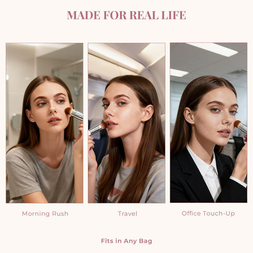 Three scenarios of a woman using makeup: Morning Rush, Travel, and Office Touch-Up, with text 'Made for Real Life' and 'Fits in Any Bag'.