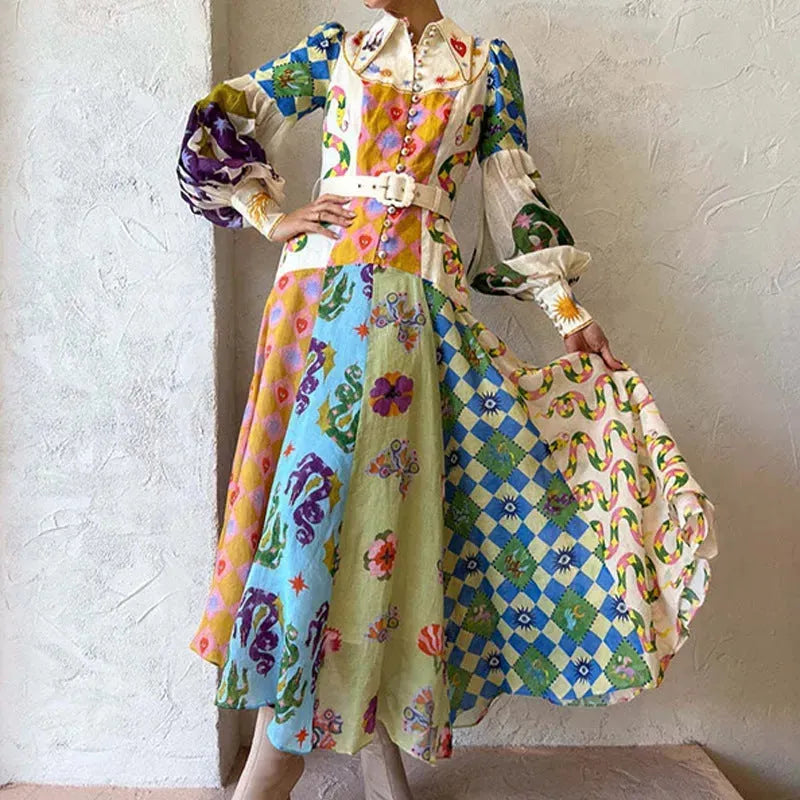 Print Holiday Women Beach Dress With Belts A-Line Long Lantern Sleeve Single Breasted Lapel Seaside Dresses Robe - EX-STOCK CANADA