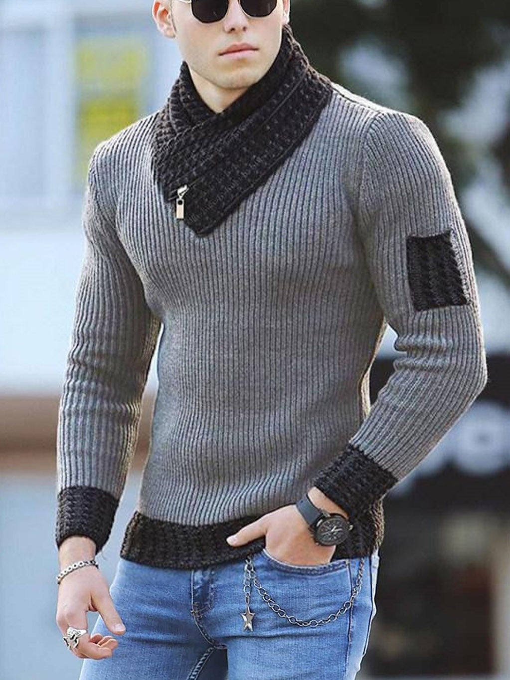Independent Station Casual Slim Knit Pullover Long-sleeved Scarf Collar Sweater Men's EX-STOCK Canada 