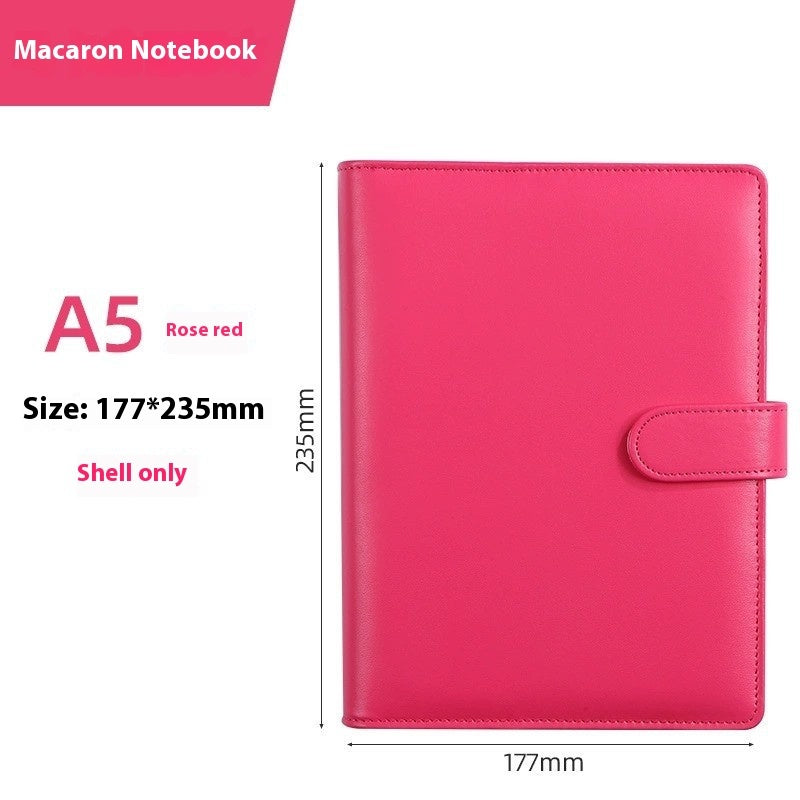 Pink A5 macaron notebook shell with dimension markings showing 177mm by 235mm on a white background with pink text overlays.