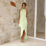 Halter Neck Split Long Dress Summer Slim Fit Backless Dresses Solid Split High neck Long Bodycon  Dress Women's Clothing - EX-STOCK CANADA