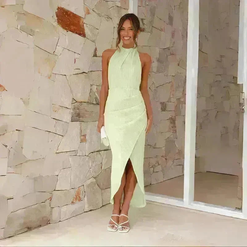 Halter Neck Split Long Dress Summer Slim Fit Backless Dresses Solid Split High neck Long Bodycon  Dress Women's Clothing - EX-STOCK CANADA