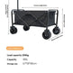 Black folding camping wagon with dimension annotations showing frame length, handle height, wheel height, and wheel width, plus text listing load capacity and storage size.