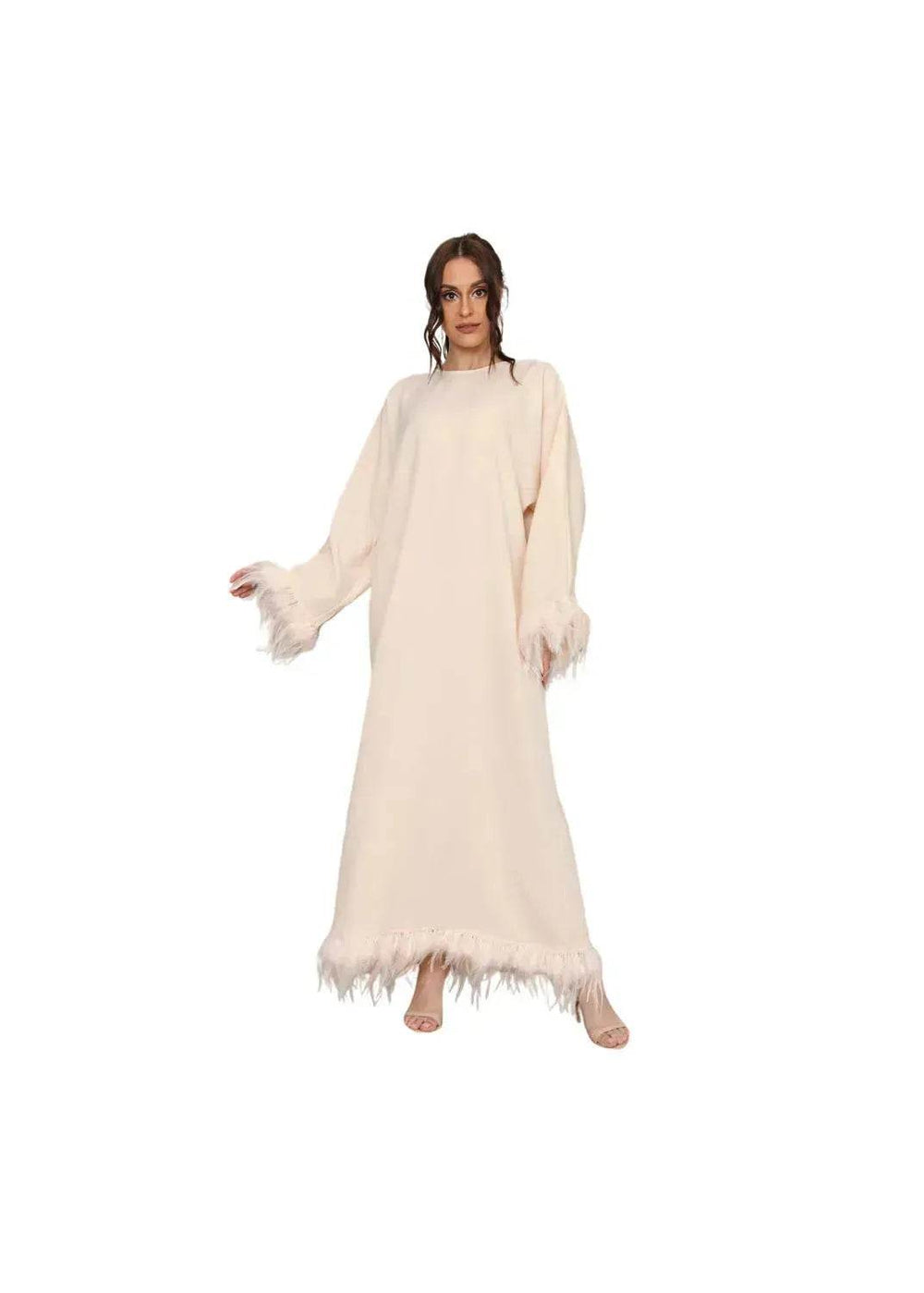Feather Long Sleeve Middle East Arabic Elegant Round Neck Dress - EX-STOCK Canada