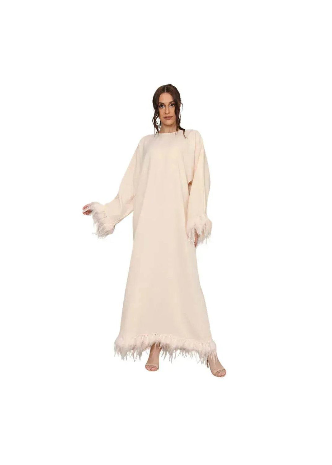 Feather Long Sleeve Middle East Arabic Elegant Round Neck Dress - EX-STOCK Canada