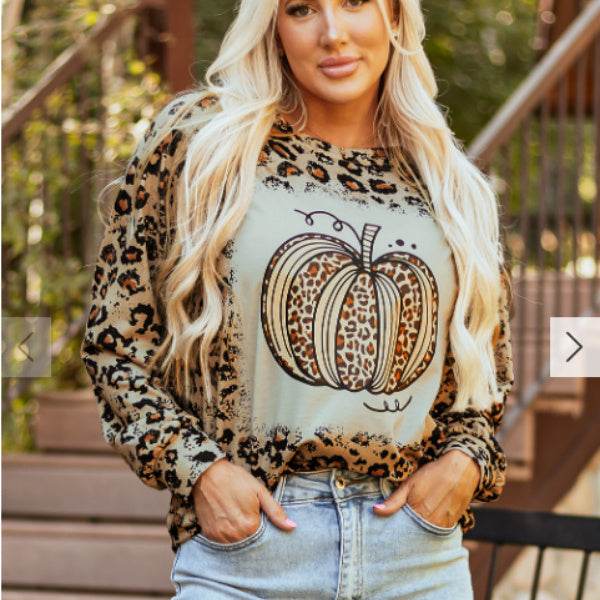 Brown Bleached Halloween Pumpkin Leopard Print Sweatshirt - EX-STOCK Canada