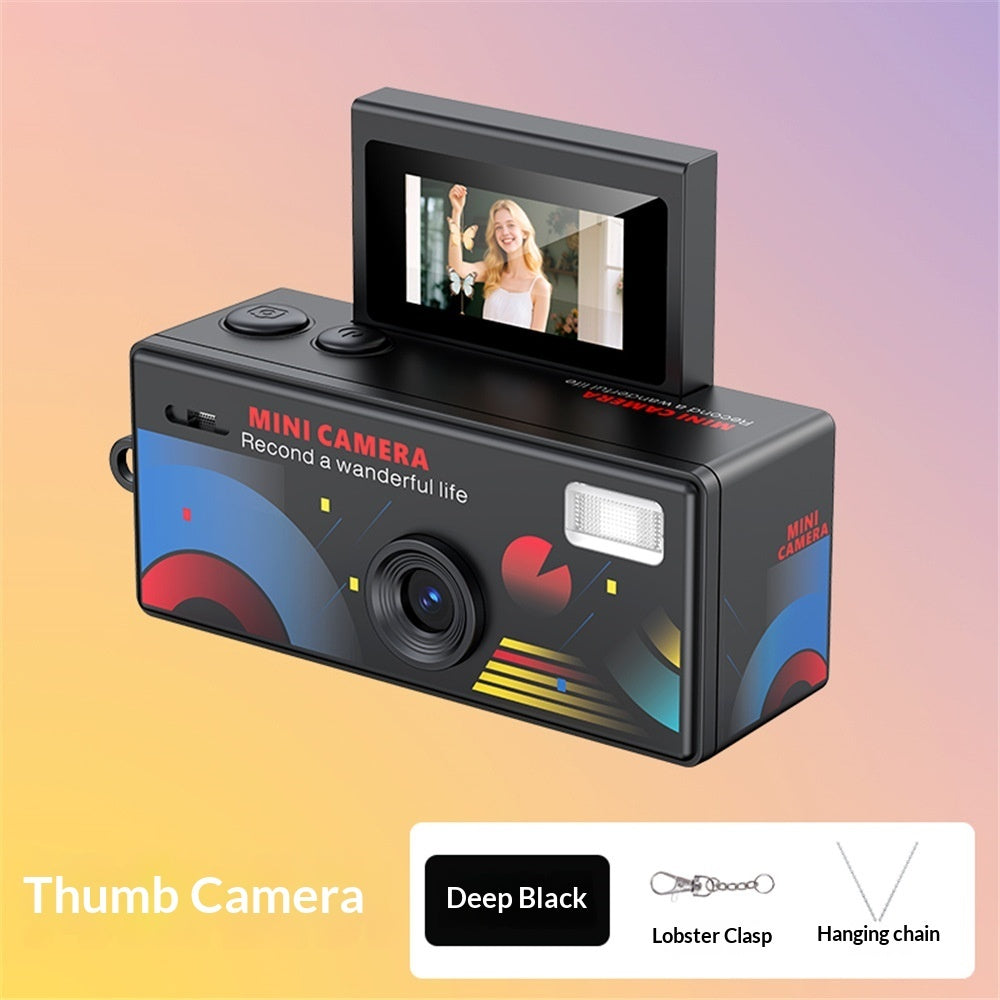 Black mini camera with a screen on a gradient background