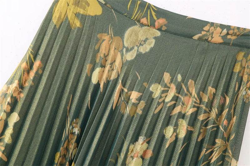 2pcs Floral Satin Skirt suit Long sleeve button shirt and Pleated Midi Skirt Outfit set - EX-STOCK Canada