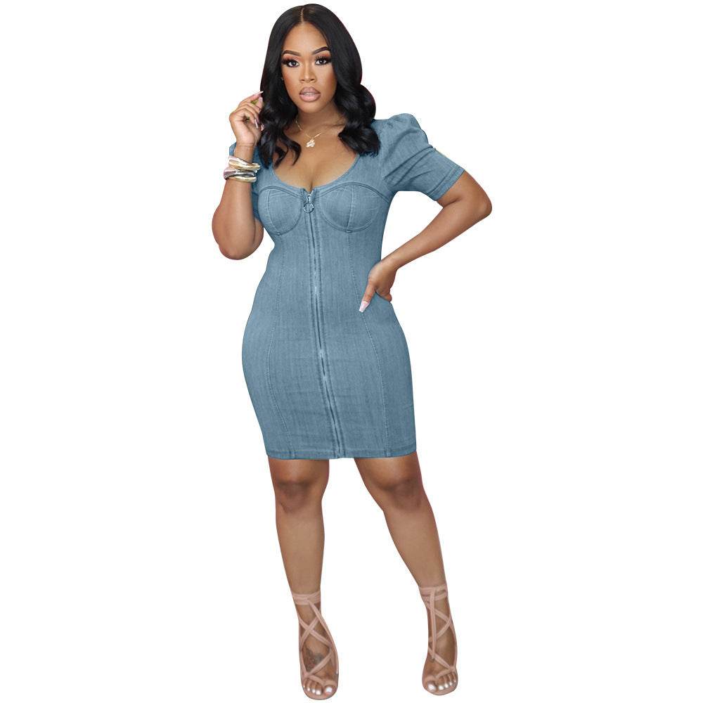 Denim Washed Fried Flower Round Neck Oversleeves Dress - EX-STOCK Canada