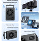 A 5-panel promotional infographic for a black aluminum heat sink cooling fan. The panels show the fan from multiple angles, including one with a bayonet mount, one showing a camera attached, one showing a laptop with a blue cooling effect, and one close-up of the control panel with LED screen display.