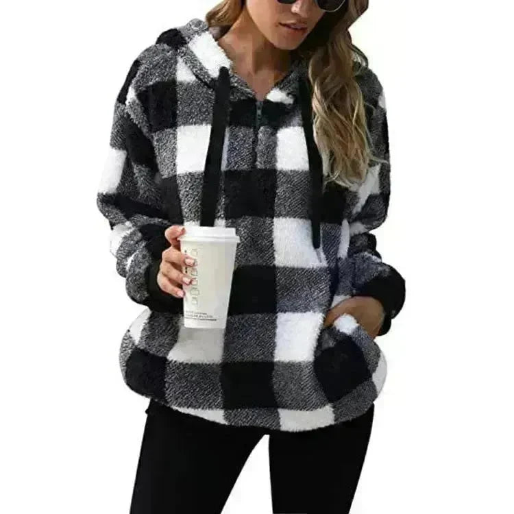 Casual Thick Fleece Plush half zip Plaid Hoodie Pullover top for women - EX-STOCK CANADA