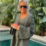 Women's Fashion V-neck Long-sleeve Knitwear 2-color Sweater dress - EX-STOCK CANADA