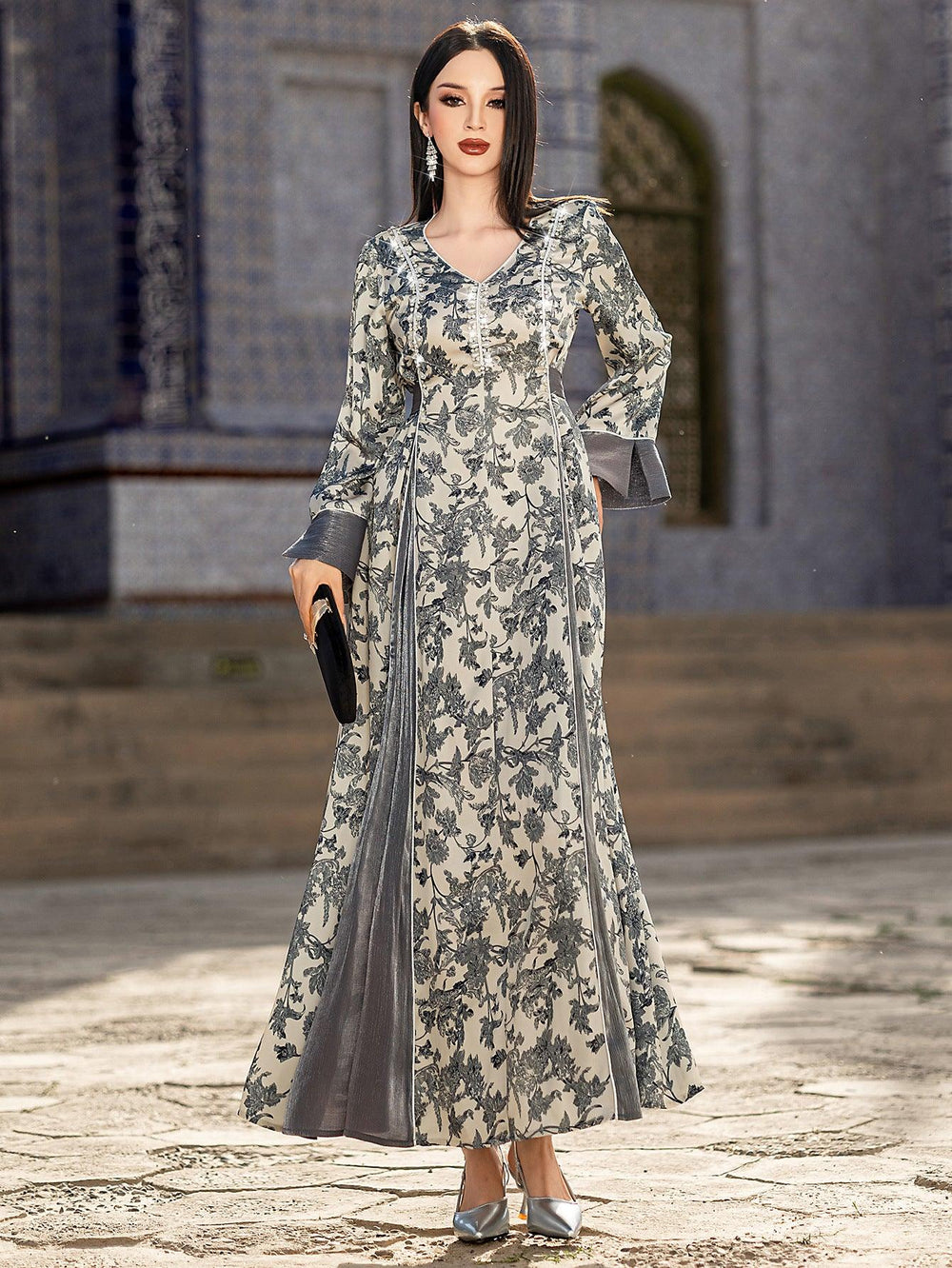 V-neck Satin Printed Muslim Dress - EX-STOCK Canada