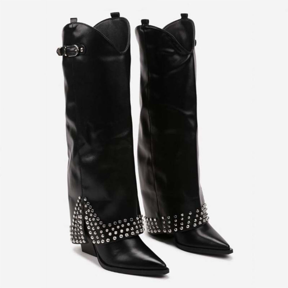 Black knee-high boots with studded details on a white background