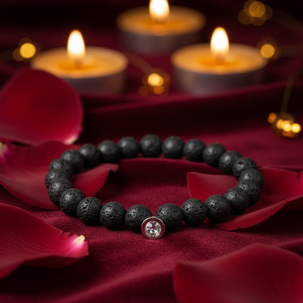 Black beaded bracelet on a white background