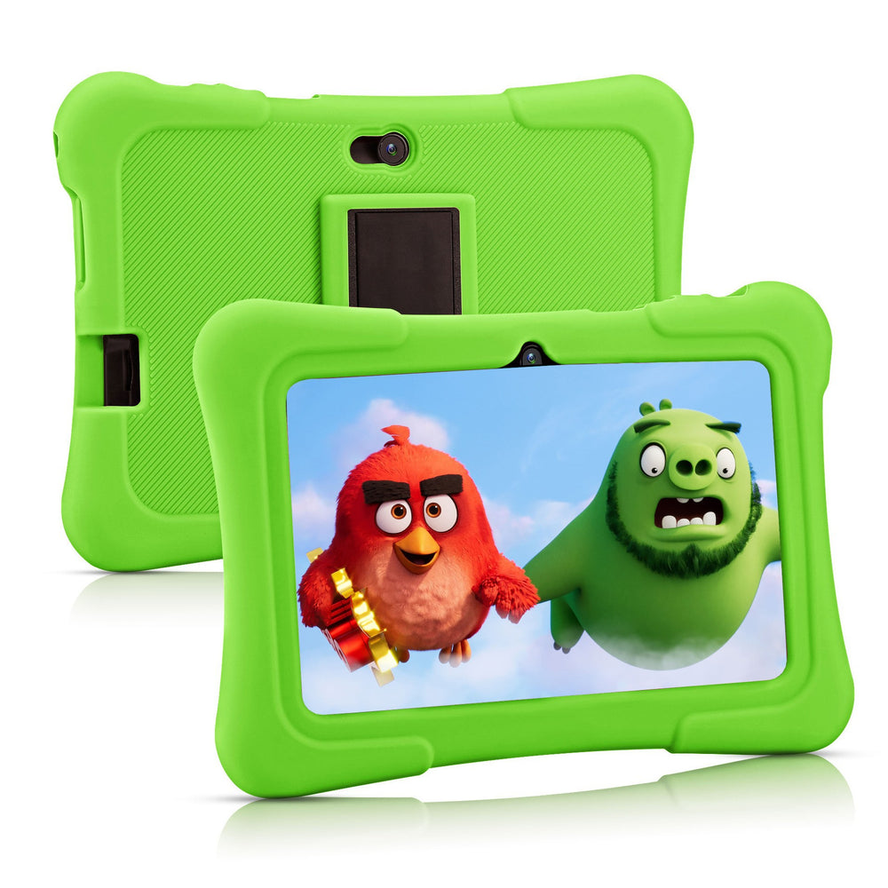 Green tablet with Angry Birds characters on screen and matching green case.