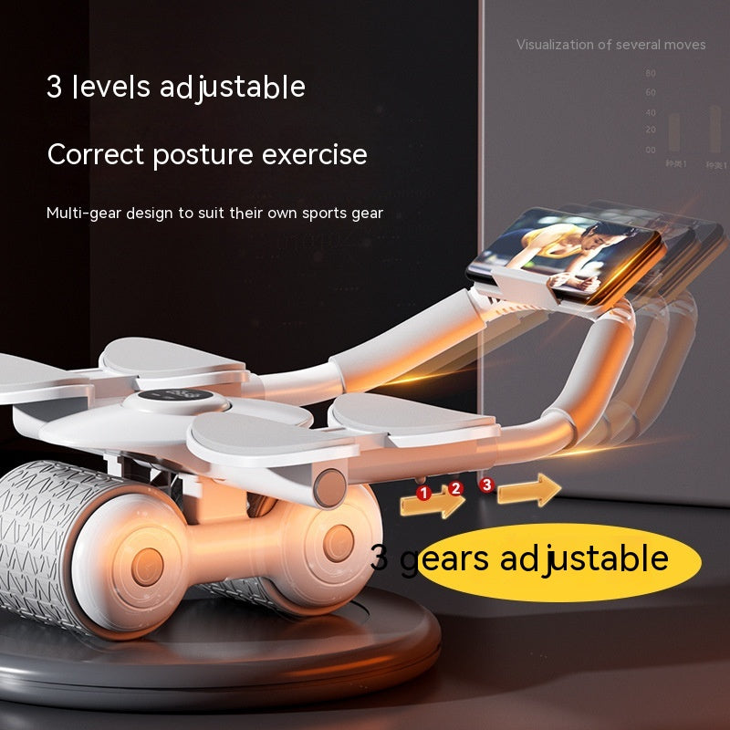 An adjustable fitness exercise device with white handles, textured gray roller wheels, and a smartphone mounted on the handle, shown on a dark studio background with promotional text overlays.