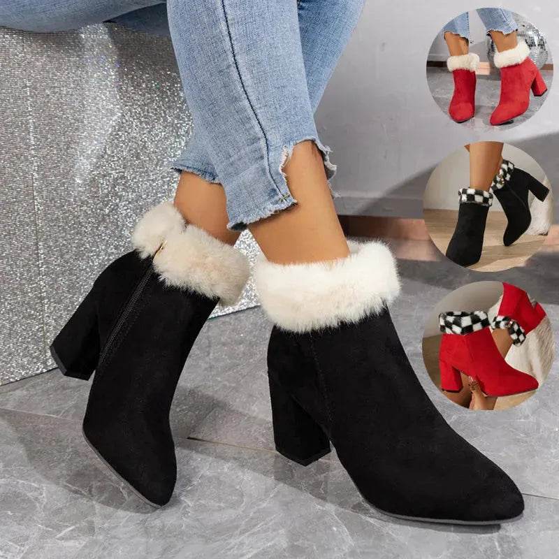 New Plaid Print Plush Ankle Boots Winter Fashion Square Heel Suede Boots Women Casual Versatile Shoes Autumn And Winter - EX-STOCK Canada