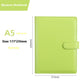 Light green notebook with dimensions labeled on a white background