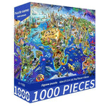 Jigsaw puzzle box with a colorful world map design on the packaging
