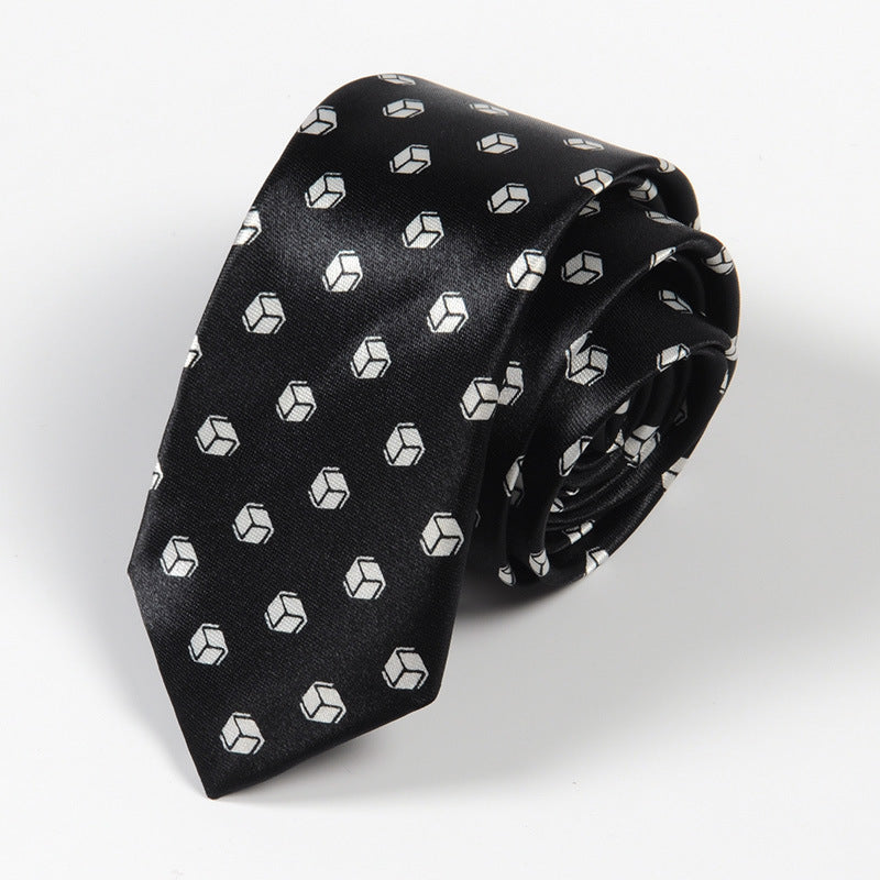 Black tie with geometric pattern on a light gray background