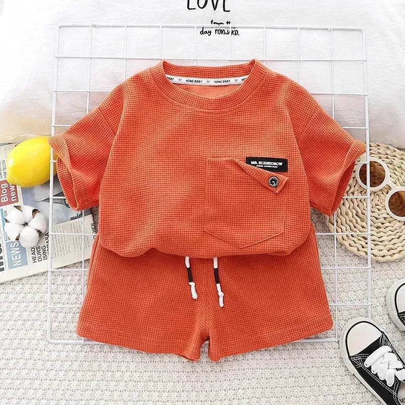 Children's Summer Clothing Casual Plain color Cotton Short Sleeve shirt and Short pant Two-piece Set - EX-STOCK Canada