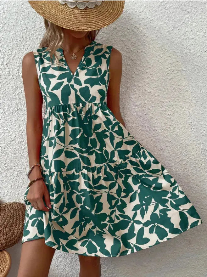 Bohemian Dresses Summer Beach Fashion Loose V-neck Pleated Print Sleeveless Dress For Women - EX-STOCK CANADA