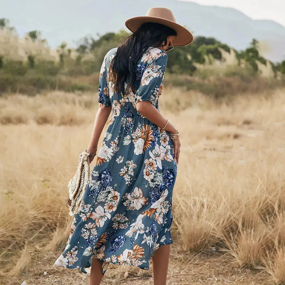Floral Summer Beach Dress With V Neck Elastic Waist Dresses For Women - EX-STOCK CANADA
