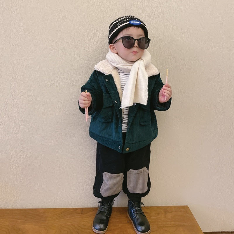 Kids Corduroy Sherpa Winter Jacket | Boys & Girls Coat Pink Blue Beige Green 60–100cm