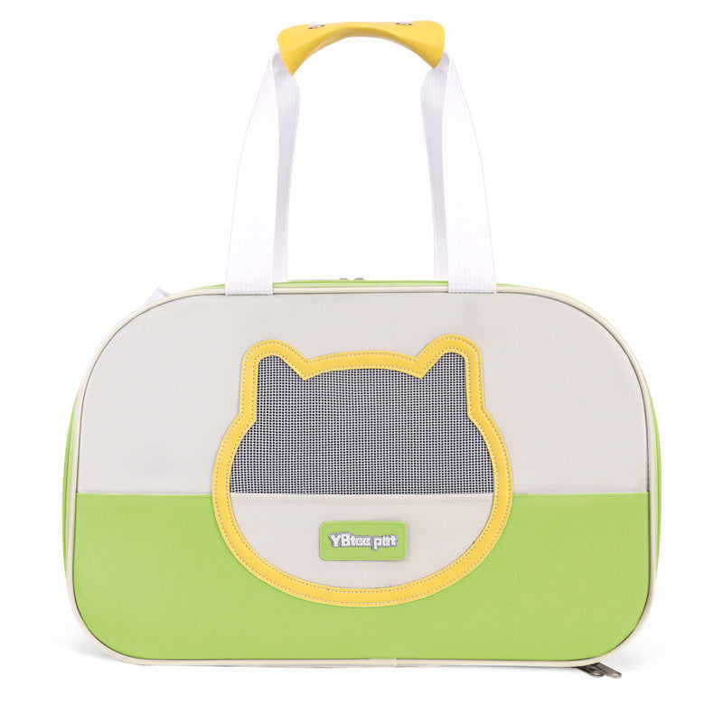 Pet carrier with cat face design on a white background