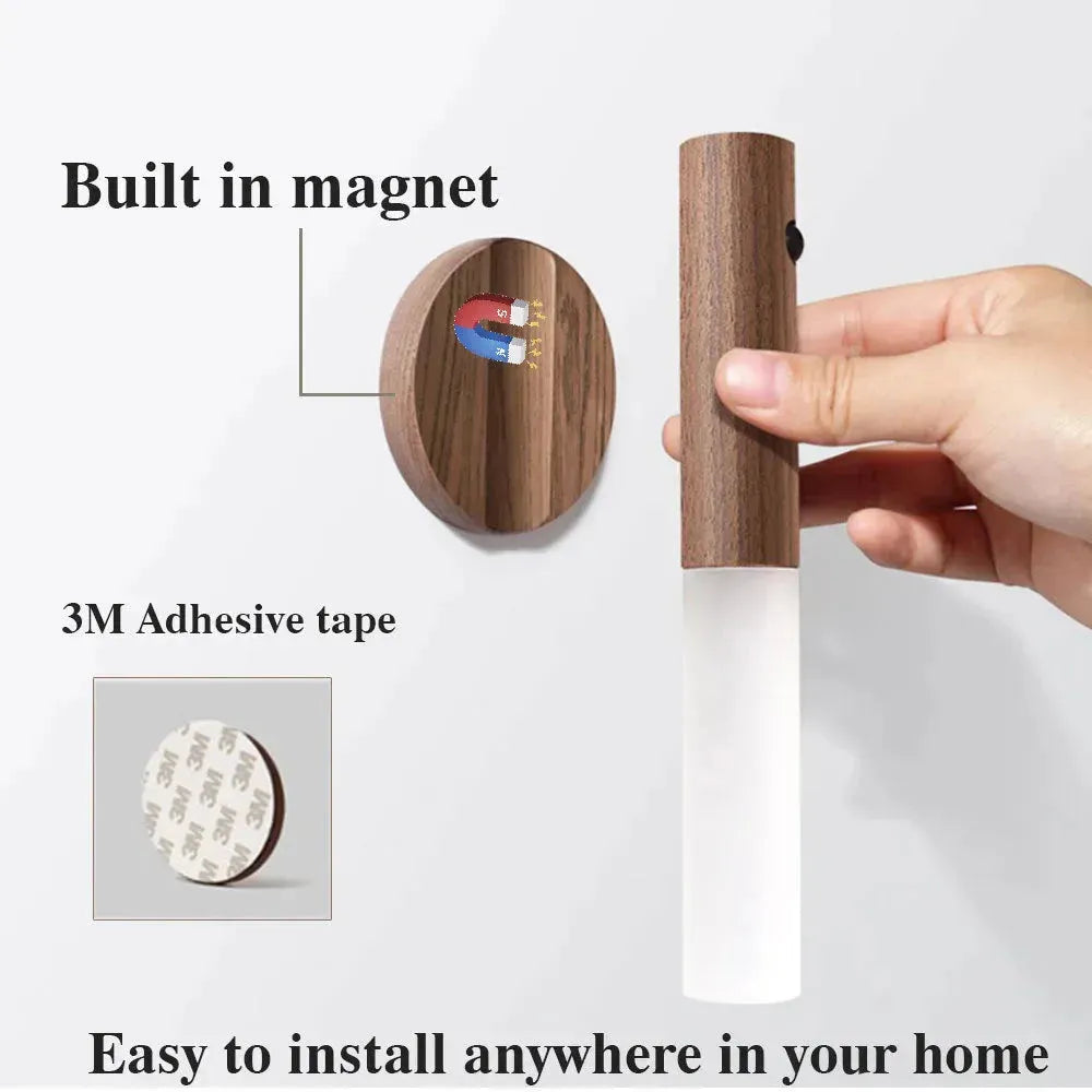 Auto LED USB Magnetic Wood Wireless Night Light Corridors Porch Lights PIR Motion Sensor Wall Light Cabinet Lamp - EX-STOCK CANADA