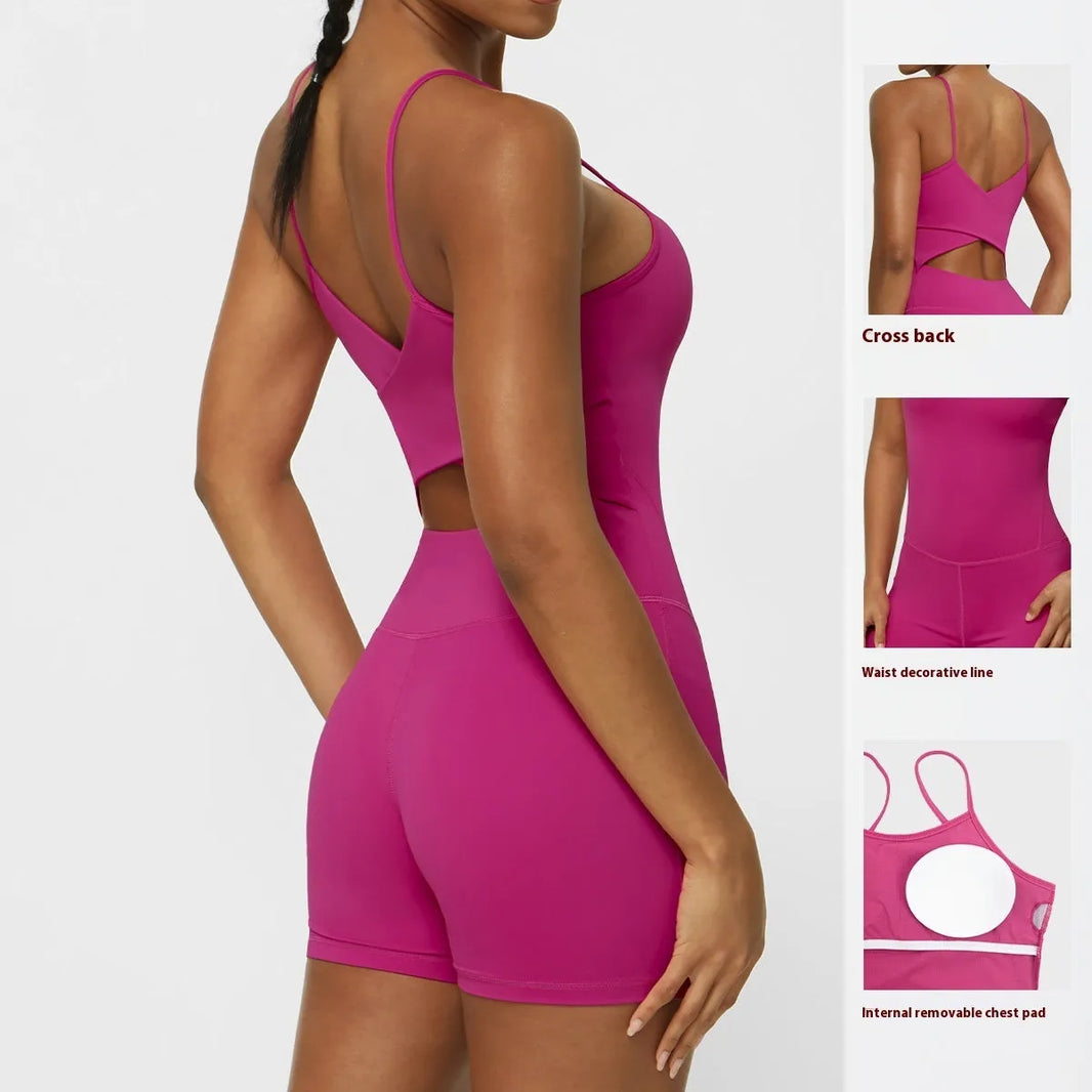 Thin Strap Yoga Clothes Shorts Suit Nude Feel One-piece Workout Top - EX-STOCK CANADA
