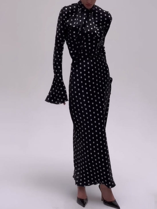 Women's Shimmer Polka Dot Bell Sleeve Maxi Dress – Elegant Bodycon Floor-Length Dress | Black 2