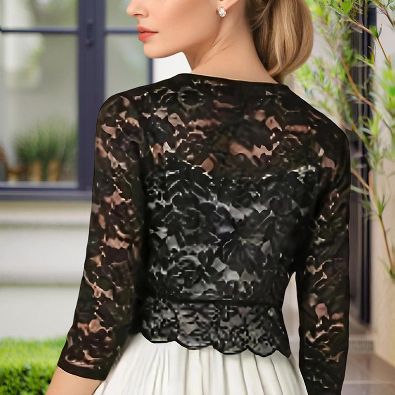 Women's Solid Color Cropped Lace Cardigan - Summer Fashion Medium-Long Sleeve Open Front Top EX-STOCK