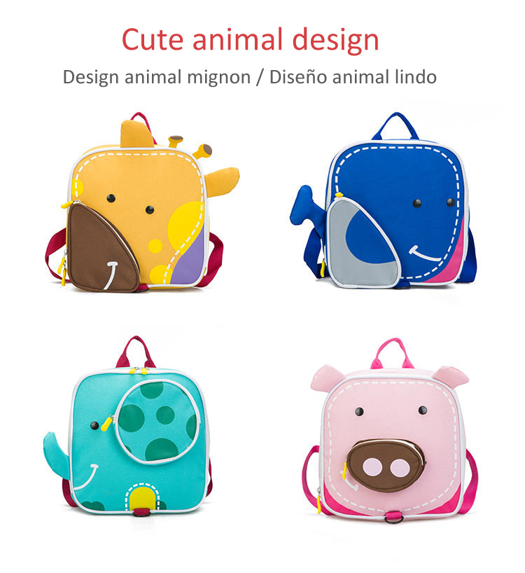 Four animal-themed children's backpacks on a white background