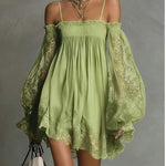 Long-Sleeve Lace Boat Neck Slip Dress