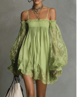 Long-Sleeve Lace Boat Neck Slip Dress