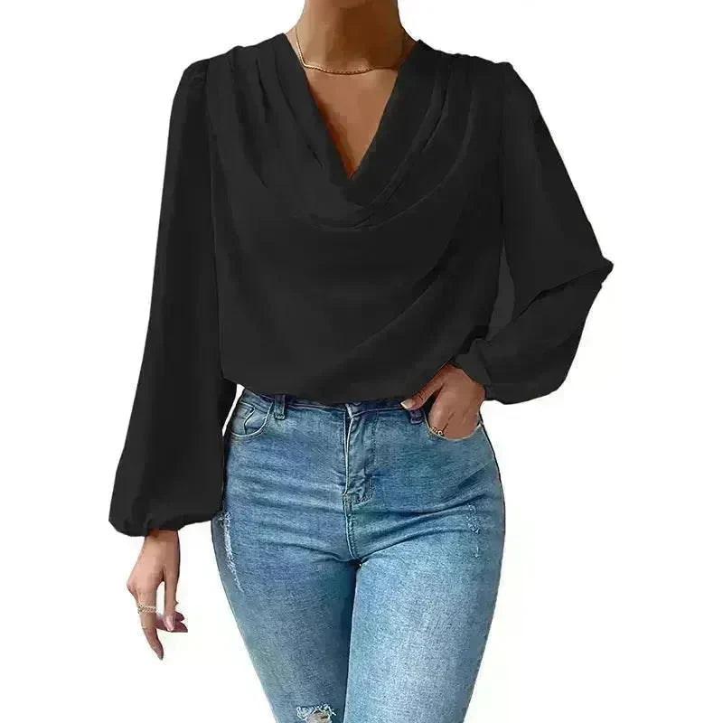 Casual Evening Top for Women Long-sleeved Shirt Loose V-neck chiffon blouse Top women - EX-STOCK CANADA