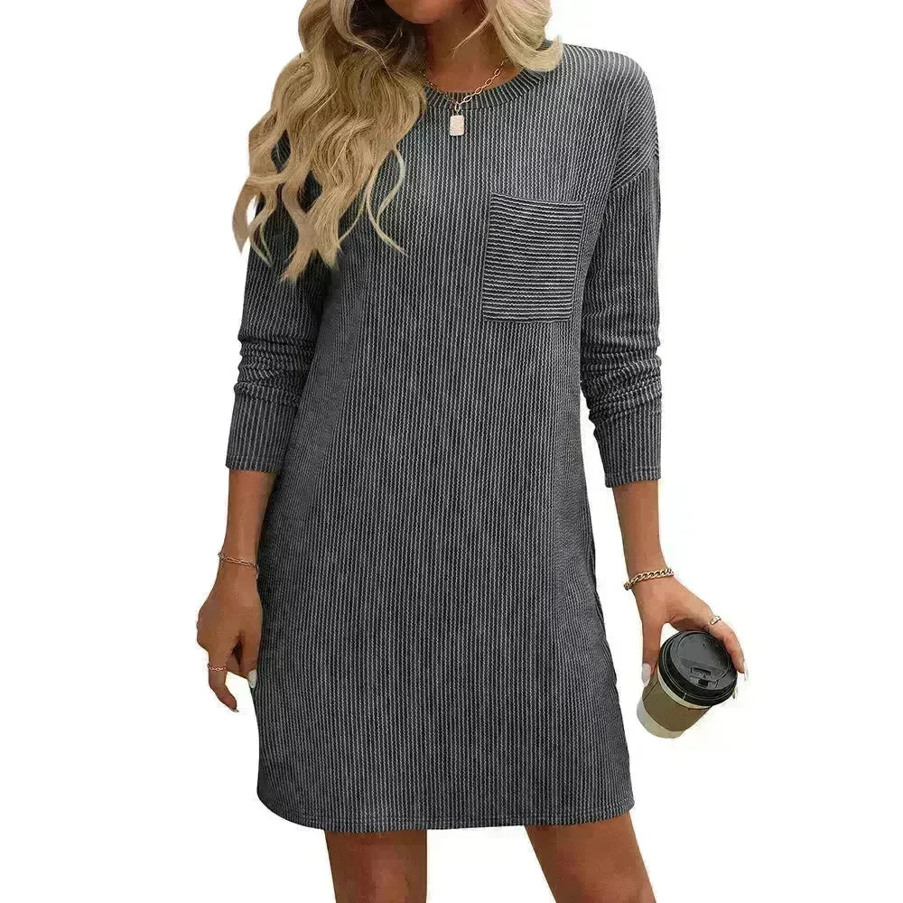 Casual New Solid Color Striped With Pockets Long Sleeve Loose Mini Dress Fashion Round Neck Straight Dress Women's Clothing - EX-STOCK CANADA