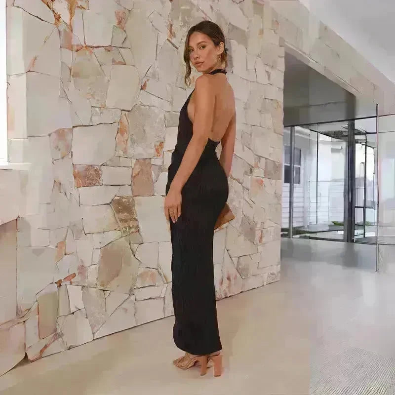 Halter Neck Split Long Dress Summer Slim Fit Backless Dresses Solid Split High neck Long Bodycon  Dress Women's Clothing - EX-STOCK CANADA