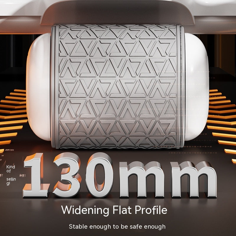 A cylindrical product with a textured gray center and white sides, shown in a stylized promotional graphic with large text reading '130mm' and 'Widening Flat Profile' on a dark background with warm orange lighting accents.