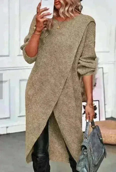 Front Split Winter Sweater Mini Tunic Dress - EX-STOCK CANADA