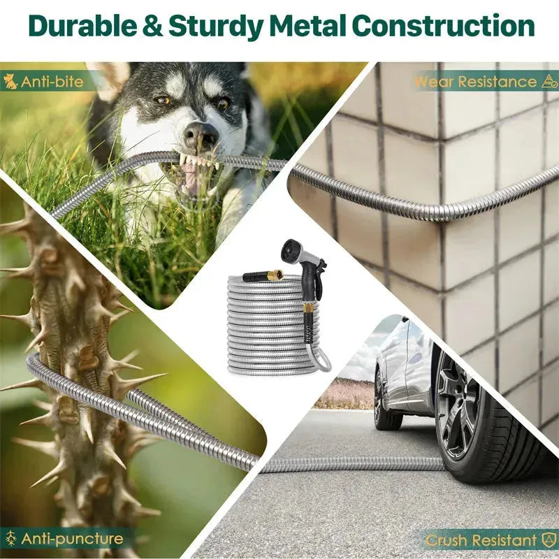 Metal Garden Hose, 100ft Stainless Steel Flexible Water Hose With 10 Adjustable Patterns Spray Nozzle, Heavy Duty Water Pipe , Kink Free , 2 Nozzles - EX-STOCK CANADA