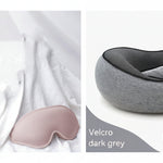 A split-panel product image showing a travel neck pillow and matching sleep mask. The left panel shows the pink sleep mask resting on white bedding.