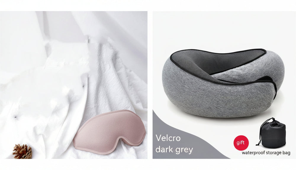 A split-panel product image showing a travel neck pillow and matching sleep mask. The left panel shows the pink sleep mask resting on white bedding.