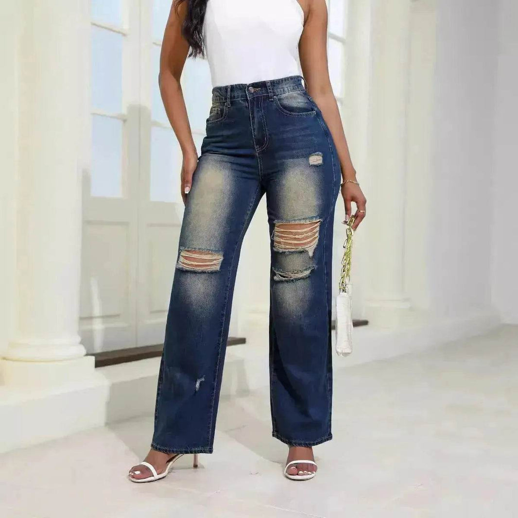 Fashion High Waist Ripped Jeans pants With Pockets Comfortable Slim Fit Denim Trousers Straight Wide-leg jeans Pants - EX-STOCK Canada