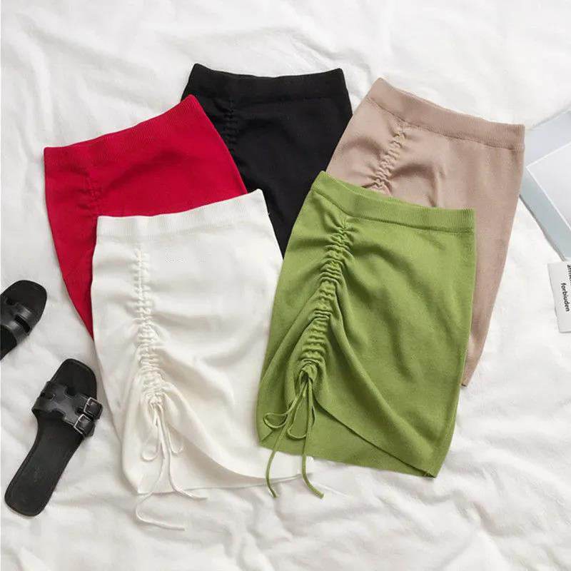 Hot Girl Hip Skirt Design High Waist With Straps Stretch Knitted Women's Mini Drawstring Split Skirt - EX-STOCK Canada