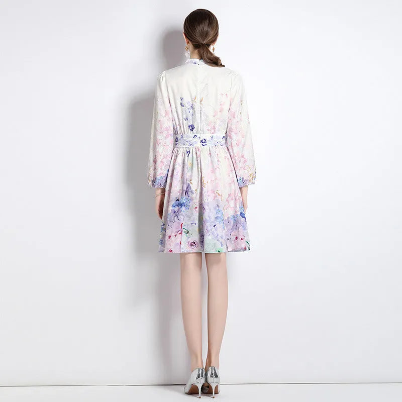Elegant V-neck Vintage Floral Print Long Sleeves Dress Spring - EX-STOCK CANADA