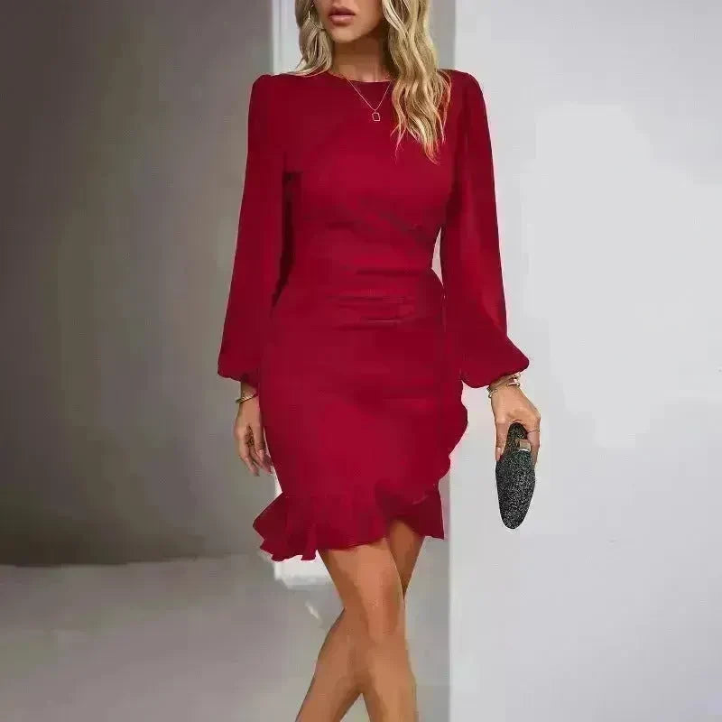 Women's Puff Long Sleeve Fashion Solid Color Bodycon Formal Dress Women Clothing - EX-STOCK CANADA